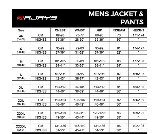 rjays mens jacket pants size chart